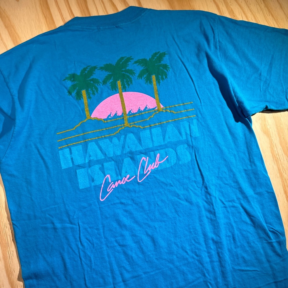 80s Happy Shirts Unisex Hawaiian Islands Canoe Club Vintage Graphic Tee Blue XL